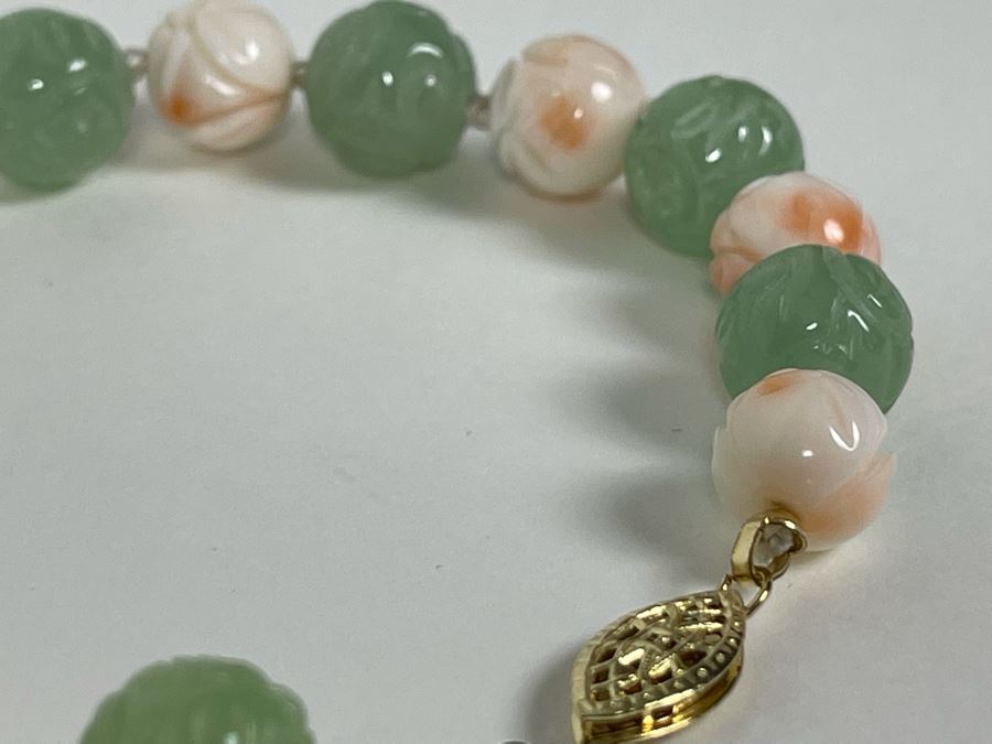 Carved Jade And Angel Skin Coral 8.5' Bracelet 10mm And 9mm [Photo 6]