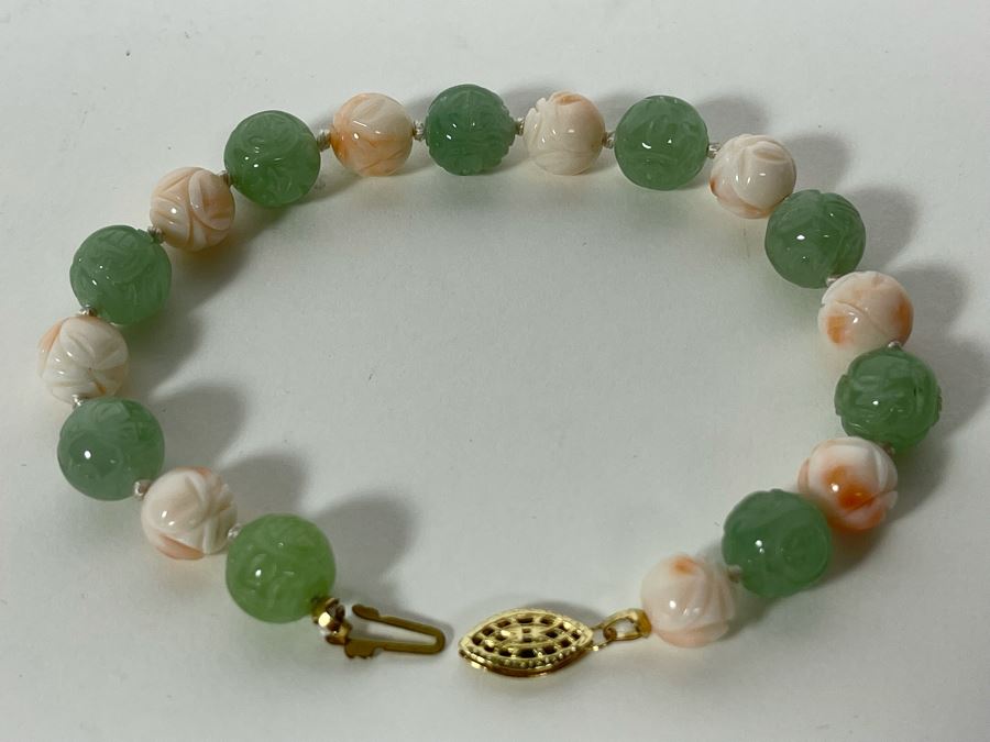 Carved Jade And Angel Skin Coral 8.5' Bracelet 10mm And 9mm [Photo 7]