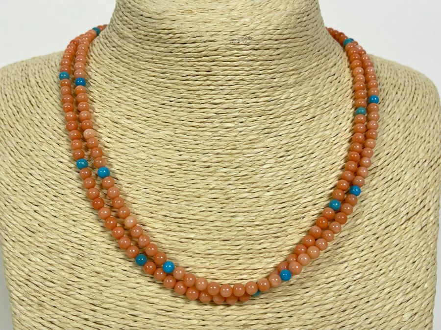 Coral And Turquoise 17' Double Strand Necklace 4.5mm Beads With Sterling Silver Clasp [Photo 1]