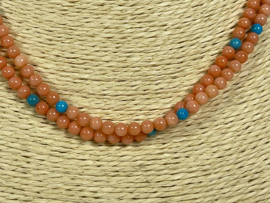 Coral And Turquoise 17' Double Strand Necklace 4.5mm Beads With Sterling Silver Clasp [Photo 4]