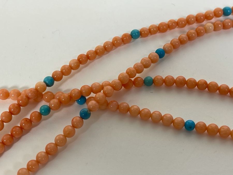 Coral And Turquoise 17' Double Strand Necklace 4.5mm Beads With Sterling Silver Clasp [Photo 6]
