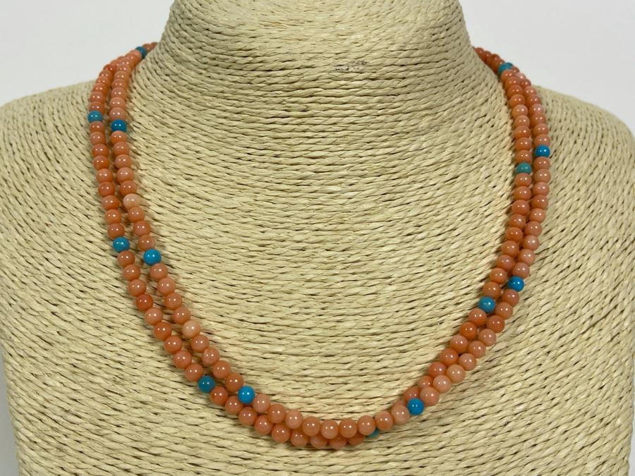 Coral And Turquoise 17' Double Strand Necklace 4.5mm Beads With Sterling Silver Clasp [Photo 2]