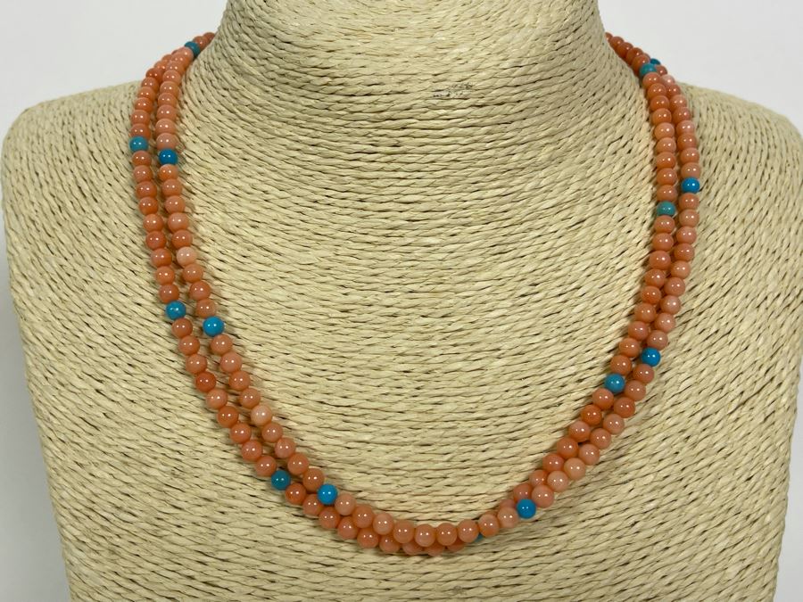 Coral And Turquoise 17' Double Strand Necklace 4.5mm Beads With Sterling Silver Clasp [Photo 3]
