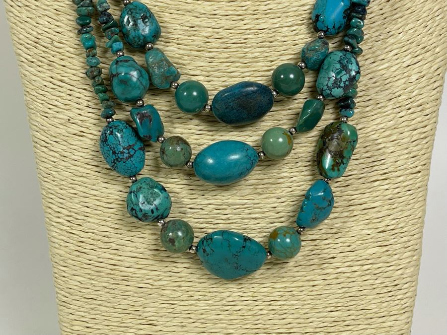 Chinese Turquoise Triple Strand 18'-20' Necklace With Sterling Silver Clasp [Photo 3]