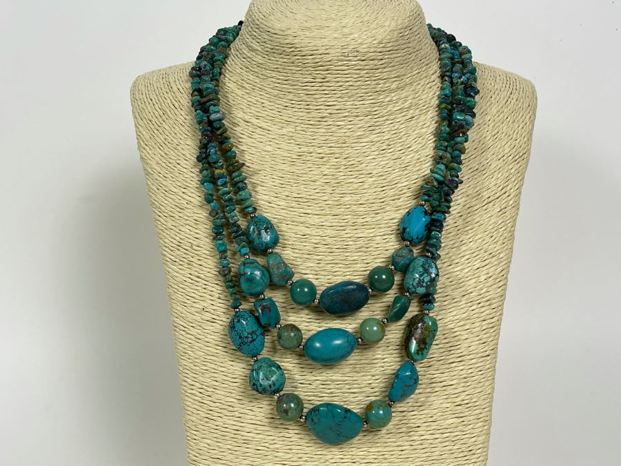 Chinese Turquoise Triple Strand 18'-20' Necklace With Sterling Silver Clasp [Photo 2]