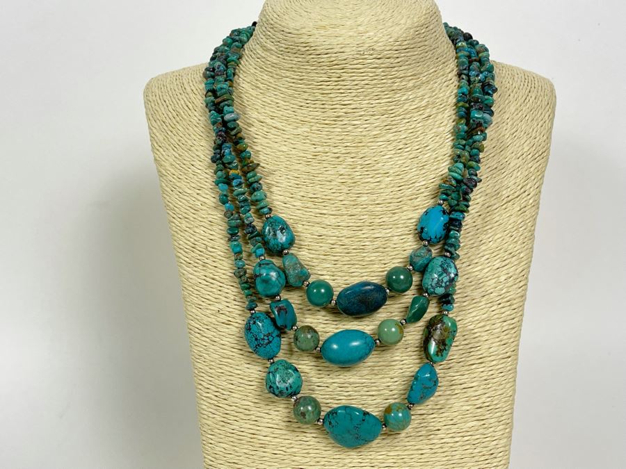 Chinese Turquoise Triple Strand 18'-20' Necklace With Sterling Silver Clasp [Photo 1]