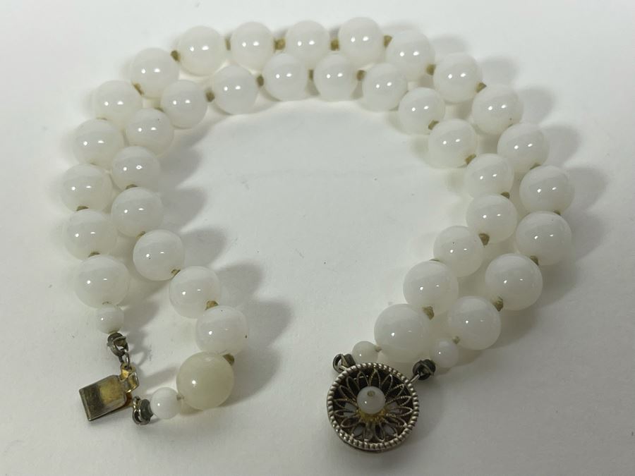 Old Handmade Double Jadeite 7' Bracelet With Sterling Silver Clasp 7.5mm Beads [Photo 3]