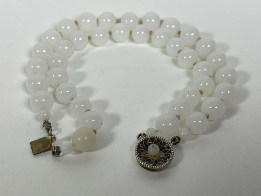 Old Handmade Double Jadeite 7' Bracelet With Sterling Silver Clasp 7.5mm Beads [Photo 4]