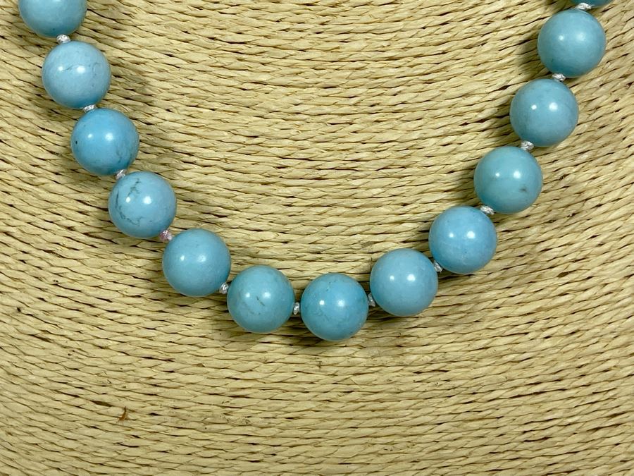 Chinese Hubei Stabilized Turquoise 19' Necklace With 14K Gold Clasp Knotted Strand 12.5mm-10mm [Photo 4]