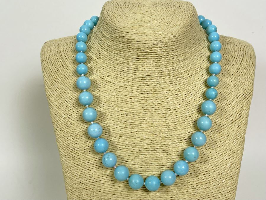 Chinese Hubei Stabilized Turquoise 19' Necklace With 14K Gold Clasp Knotted Strand 12.5mm-10mm