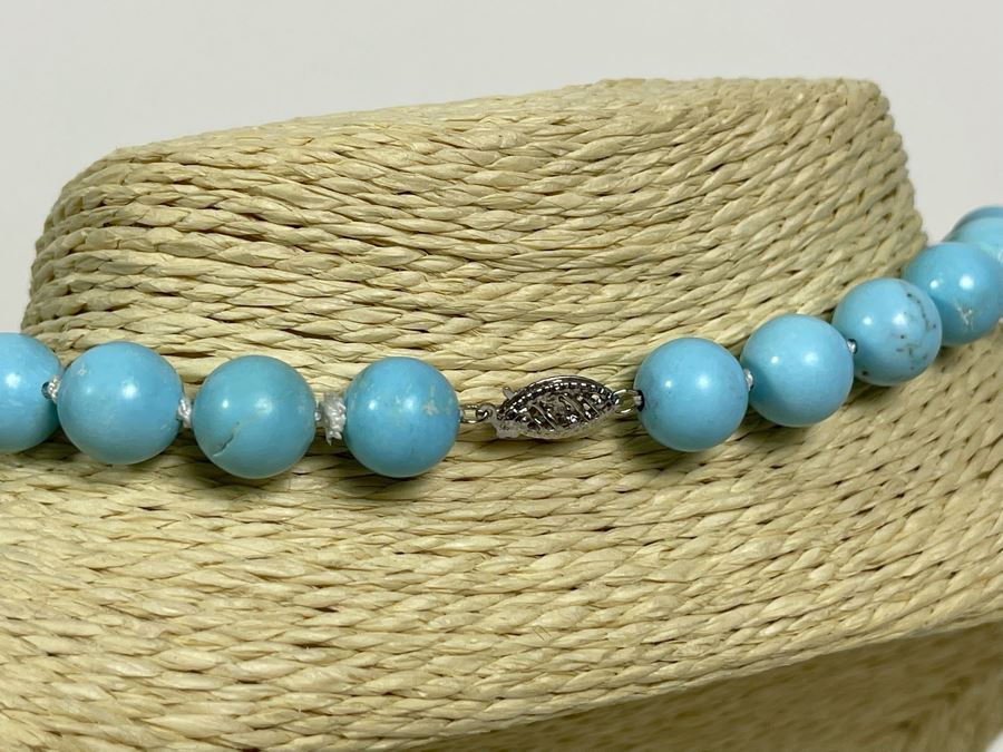 Chinese Hubei Stabilized Turquoise 19' Necklace With 14K Gold Clasp Knotted Strand 12.5mm-10mm [Photo 5]