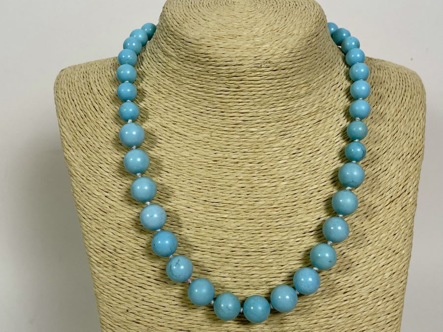 Chinese Hubei Stabilized Turquoise 19' Necklace With 14K Gold Clasp Knotted Strand 12.5mm-10mm [Photo 2]