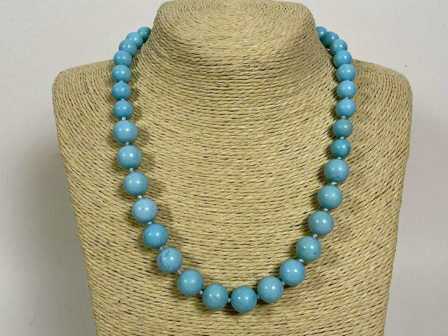 Chinese Hubei Stabilized Turquoise 19' Necklace With 14K Gold Clasp Knotted Strand 12.5mm-10mm [Photo 3]