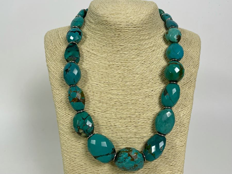 Large Stabilized Faceted Chinese Turquoise 22' Necklace With Sterling Silver Clasp 25mm-15mm [Photo 2]