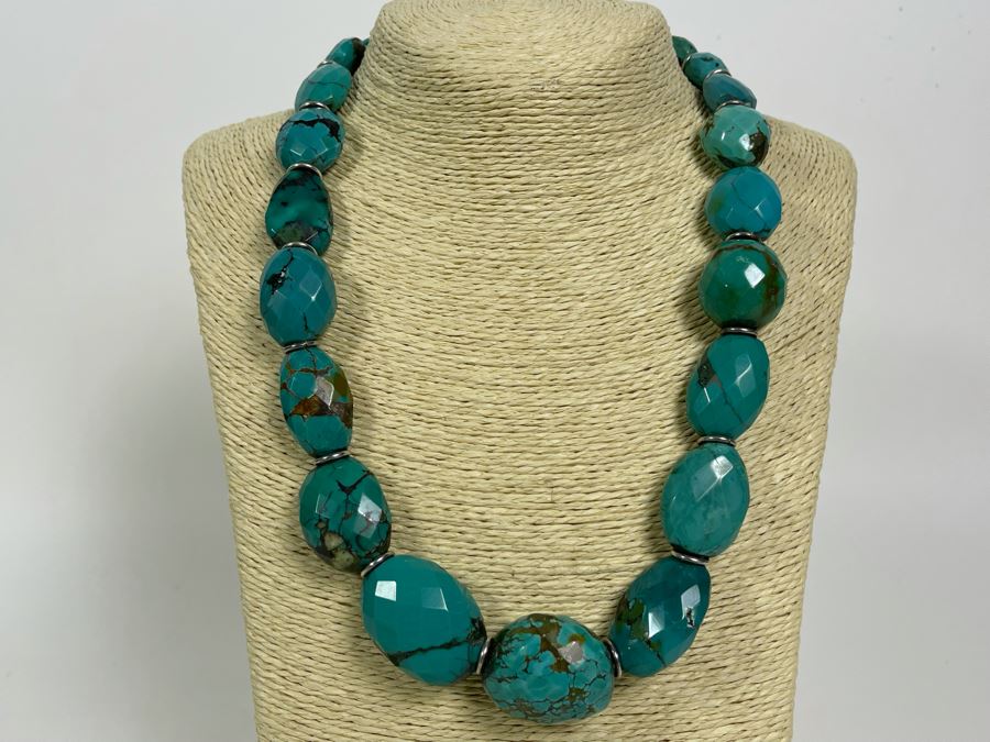 Large Stabilized Faceted Chinese Turquoise 22' Necklace With Sterling Silver Clasp 25mm-15mm [Photo 3]