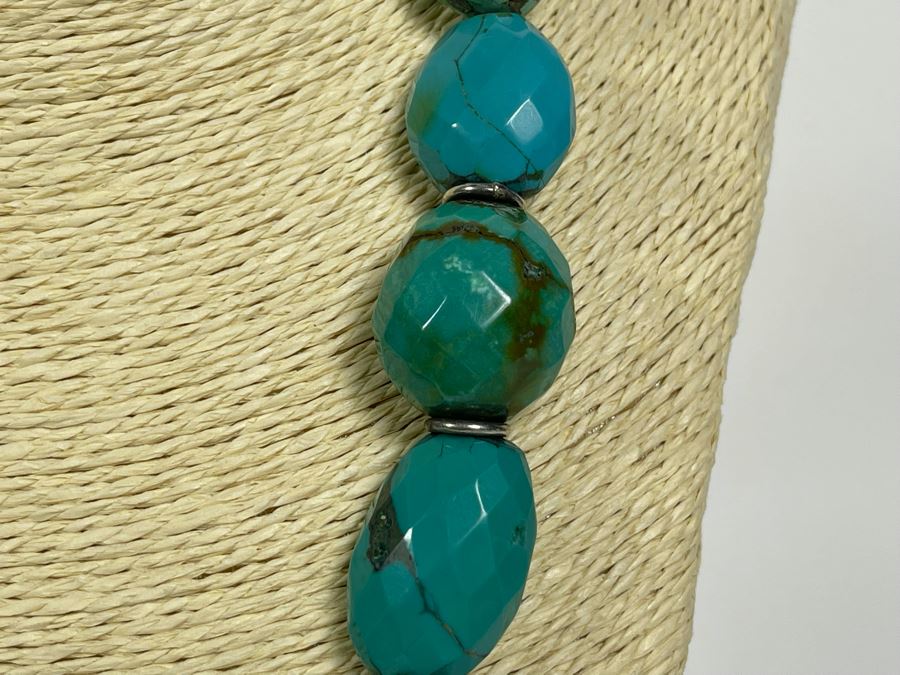 Large Stabilized Faceted Chinese Turquoise 22' Necklace With Sterling Silver Clasp 25mm-15mm [Photo 5]