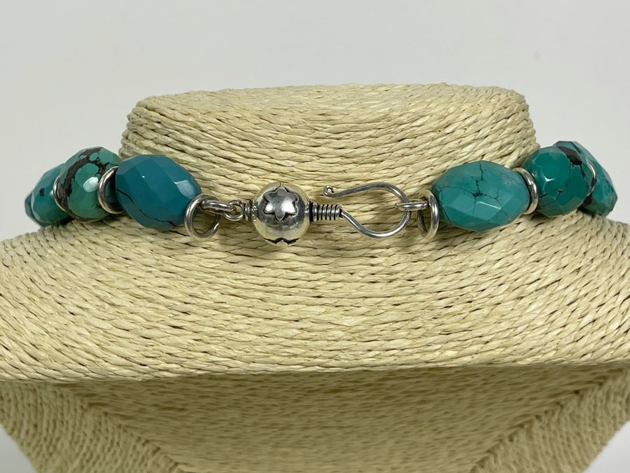 Large Stabilized Faceted Chinese Turquoise 22' Necklace With Sterling Silver Clasp 25mm-15mm [Photo 6]