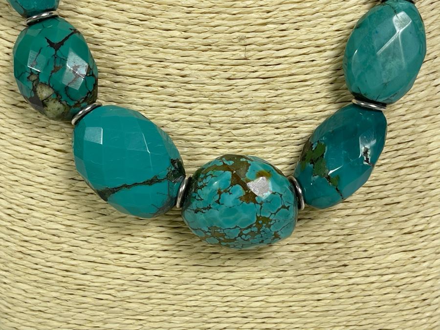 Large Stabilized Faceted Chinese Turquoise 22' Necklace With Sterling Silver Clasp 25mm-15mm [Photo 4]