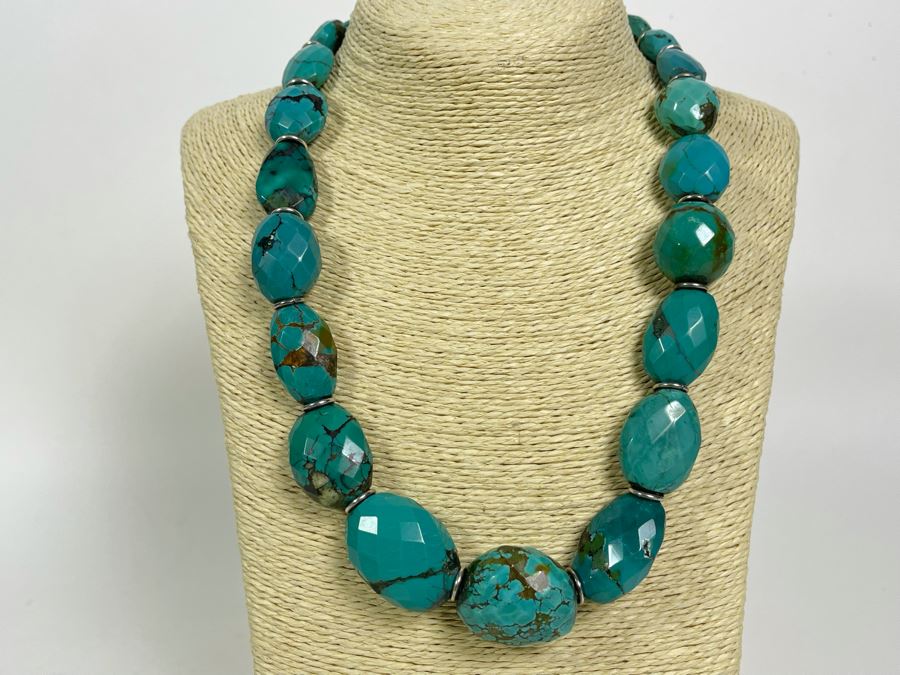 Large Stabilized Faceted Chinese Turquoise 22' Necklace With Sterling Silver Clasp 25mm-15mm [Photo 1]
