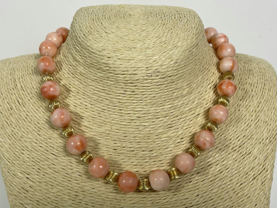 Large Pacific Angel Skin Coral Beaded 15.5' Necklace With 14K Gold Clasp And 14K Gold Beads 12.5mm Coral Beads [Photo 3]