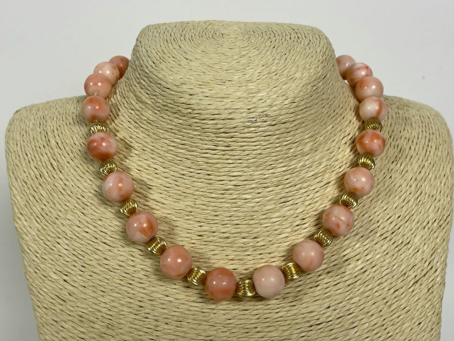 Large Pacific Angel Skin Coral Beaded 15.5' Necklace With 14K Gold Clasp And 14K Gold Beads 12.5mm Coral Beads [Photo 2]