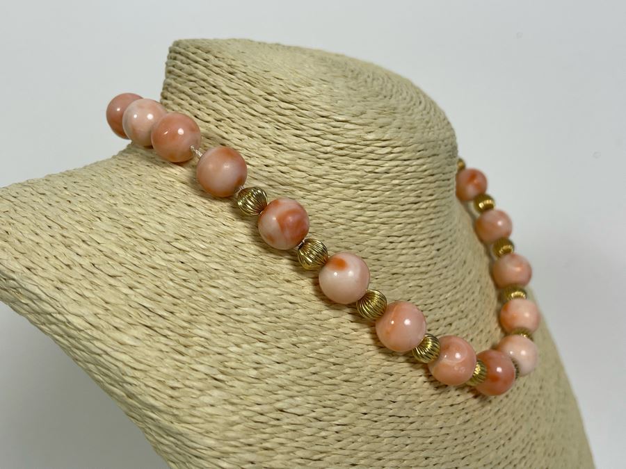 Large Pacific Angel Skin Coral Beaded 15.5' Necklace With 14K Gold Clasp And 14K Gold Beads 12.5mm Coral Beads [Photo 4]