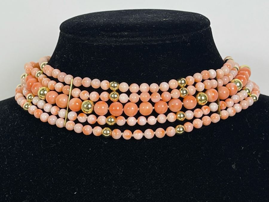 Five Strand Enhanced Angel Skin Coral Beaded 15' Dog Collar Style Necklace With 14K Gold Clasp And Spacers 92.7g [Photo 3]