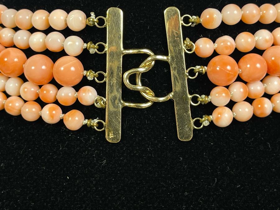 Five Strand Enhanced Angel Skin Coral Beaded 15' Dog Collar Style Necklace With 14K Gold Clasp And Spacers 92.7g [Photo 2]