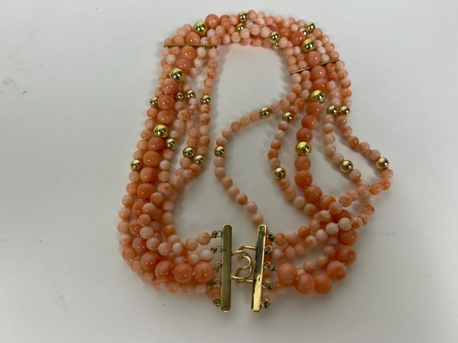 Five Strand Enhanced Angel Skin Coral Beaded 15' Dog Collar Style Necklace With 14K Gold Clasp And Spacers 92.7g [Photo 8]
