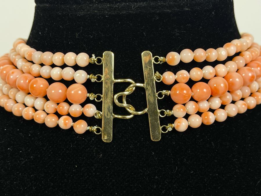 Five Strand Enhanced Angel Skin Coral Beaded 15' Dog Collar Style Necklace With 14K Gold Clasp And Spacers 92.7g [Photo 7]
