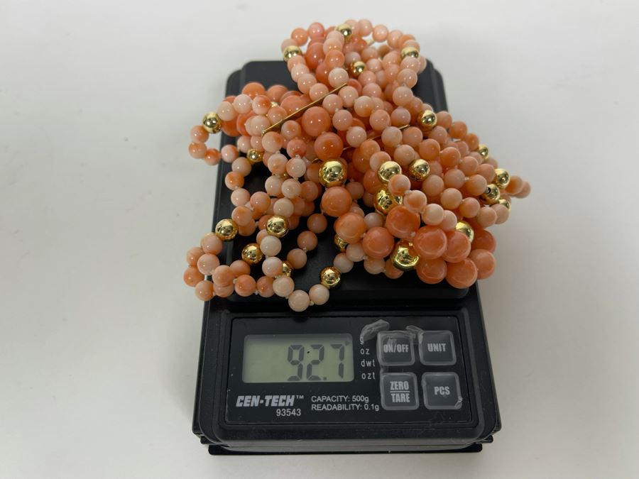 Five Strand Enhanced Angel Skin Coral Beaded 15' Dog Collar Style Necklace With 14K Gold Clasp And Spacers 92.7g [Photo 11]