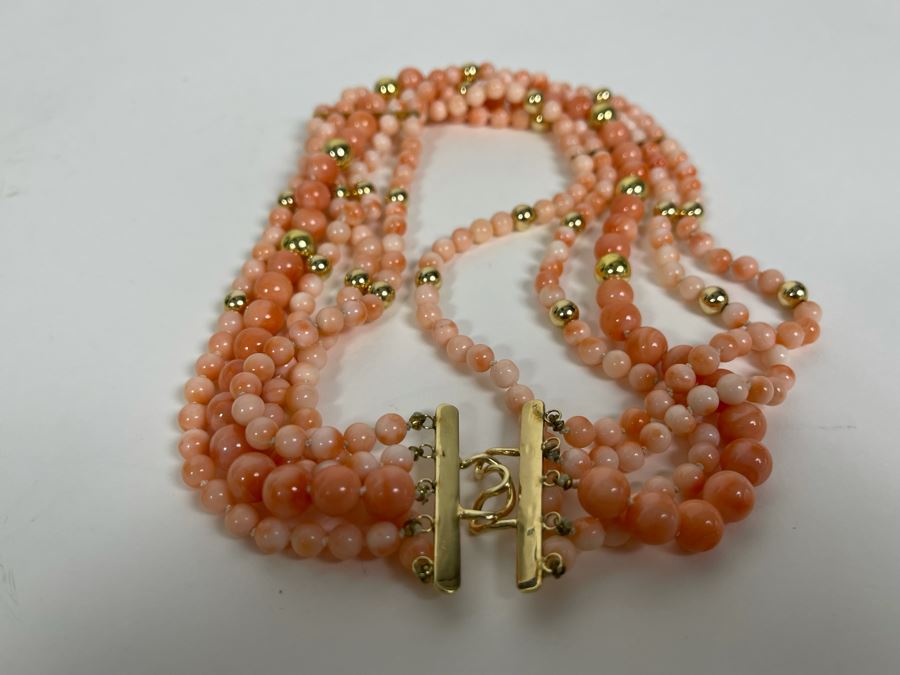 Five Strand Enhanced Angel Skin Coral Beaded 15' Dog Collar Style Necklace With 14K Gold Clasp And Spacers 92.7g [Photo 10]
