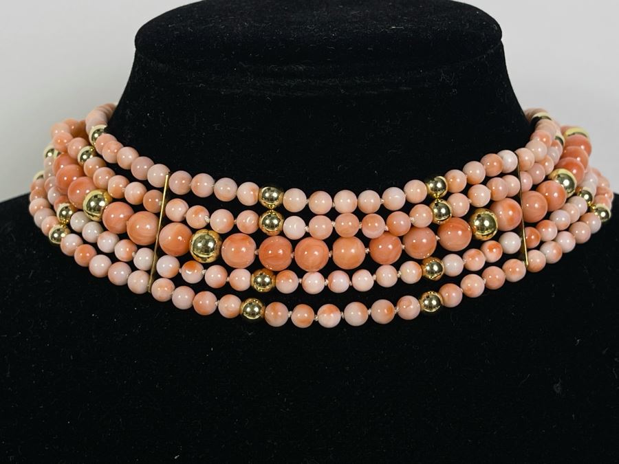 Five Strand Enhanced Angel Skin Coral Beaded 15' Dog Collar Style Necklace With 14K Gold Clasp And Spacers 92.7g [Photo 5]