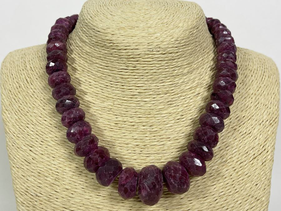 Faceted Ruby Choker 17' Necklace With Sterling Silver Clasp 11mm-22mm [Photo 2]