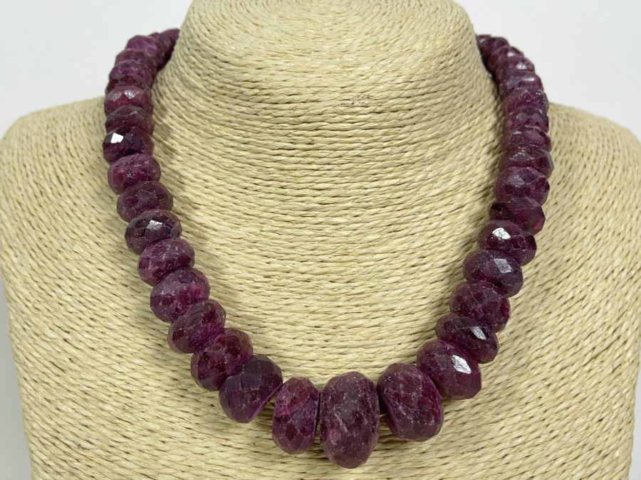 Faceted Ruby Choker 17' Necklace With Sterling Silver Clasp 11mm-22mm [Photo 1]