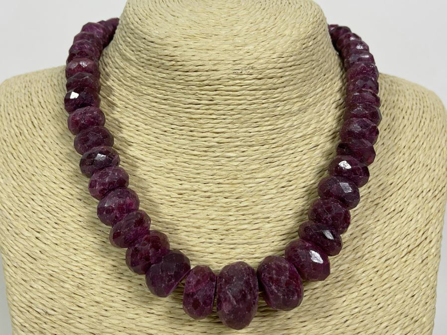 Faceted Ruby Choker 17' Necklace With Sterling Silver Clasp 11mm-22mm [Photo 3]
