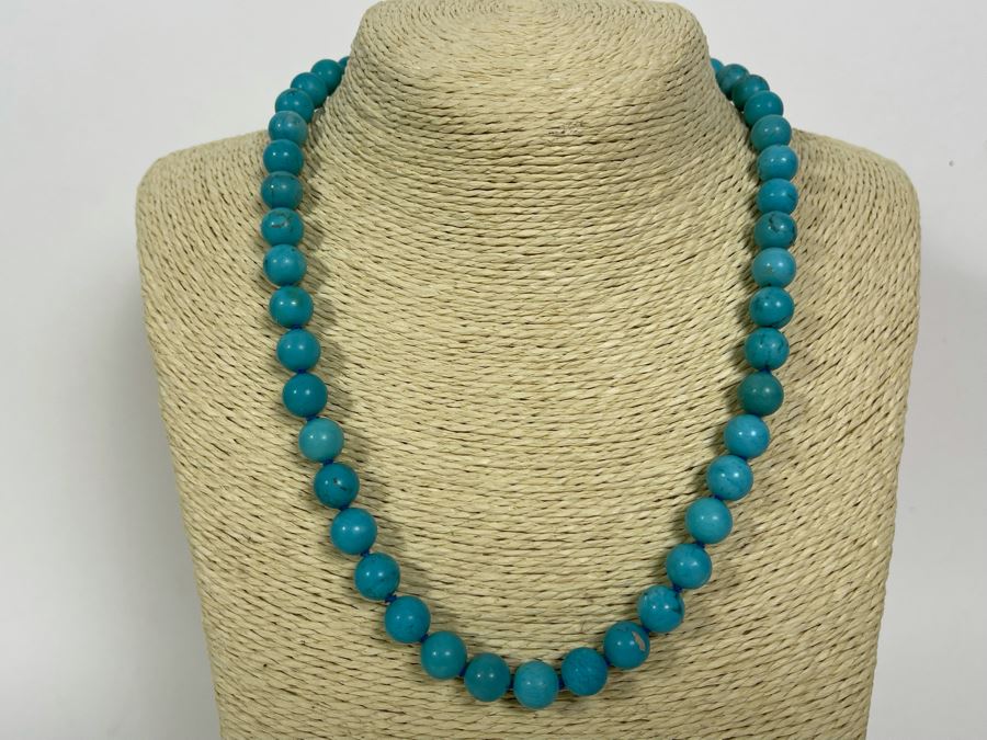 Enhanced Turquoise Beads 10mm Necklace With 14K Gold Clasp 18L [Photo 3]