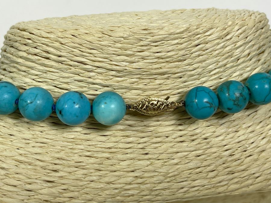 Enhanced Turquoise Beads 10mm Necklace With 14K Gold Clasp 18L [Photo 5]