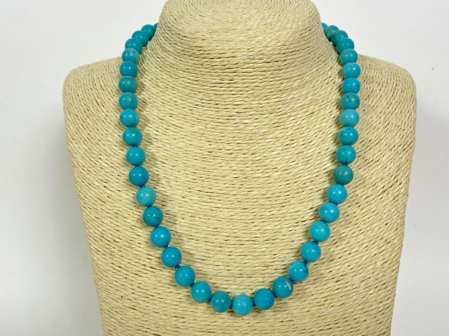 Enhanced Turquoise Beads 10mm Necklace With 14K Gold Clasp 18L [Photo 1]