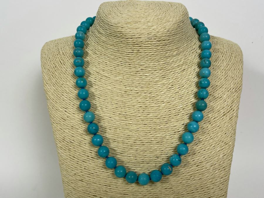 Enhanced Turquoise Beads 10mm Necklace With 14K Gold Clasp 18L