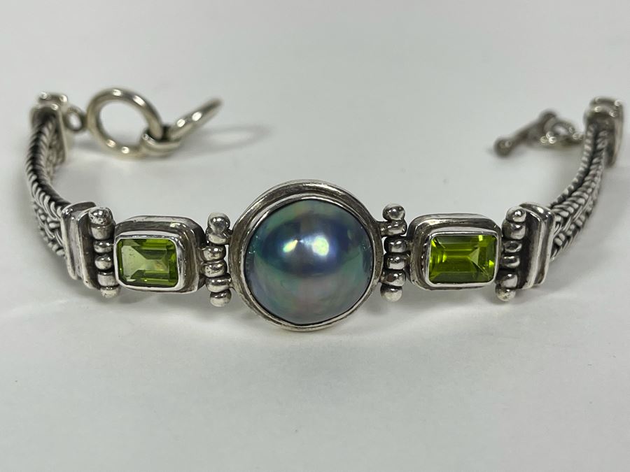 Sterling Silver Bracelet With Pearl And Gemstones 7L 31.9g [Photo 1]