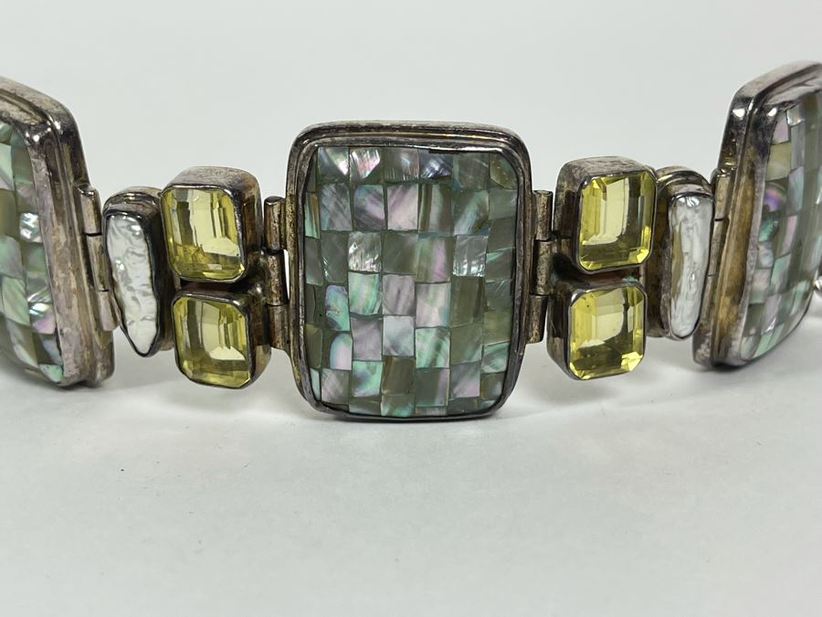 Sterling Silver Bracelet With Pearls And Gemstones 7-9L 67.1g [Photo 3]