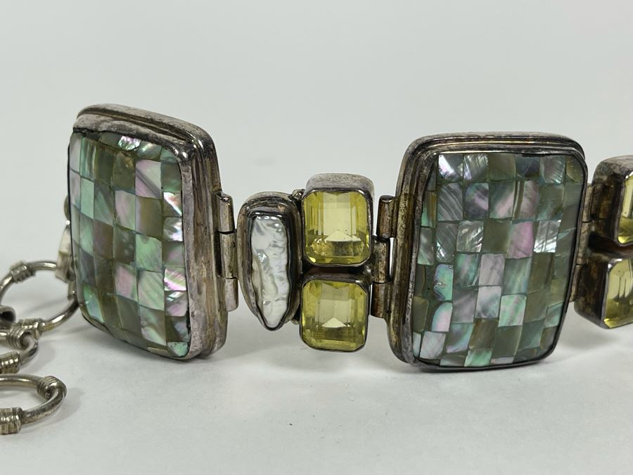 Sterling Silver Bracelet With Pearls And Gemstones 7-9L 67.1g [Photo 4]