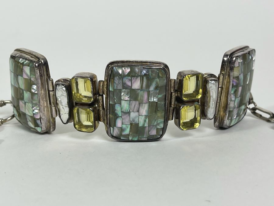 Sterling Silver Bracelet With Pearls And Gemstones 7-9L 67.1g [Photo 2]