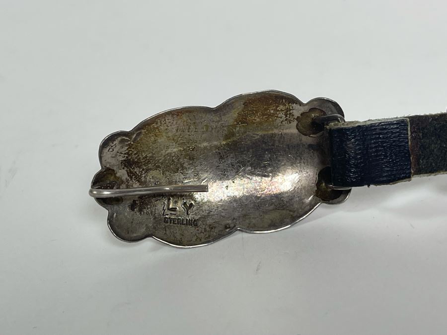 Signed Native American Sterling Silver Turquoise And Leather Concho Hat Band Signed LY 45.5g [Photo 8]