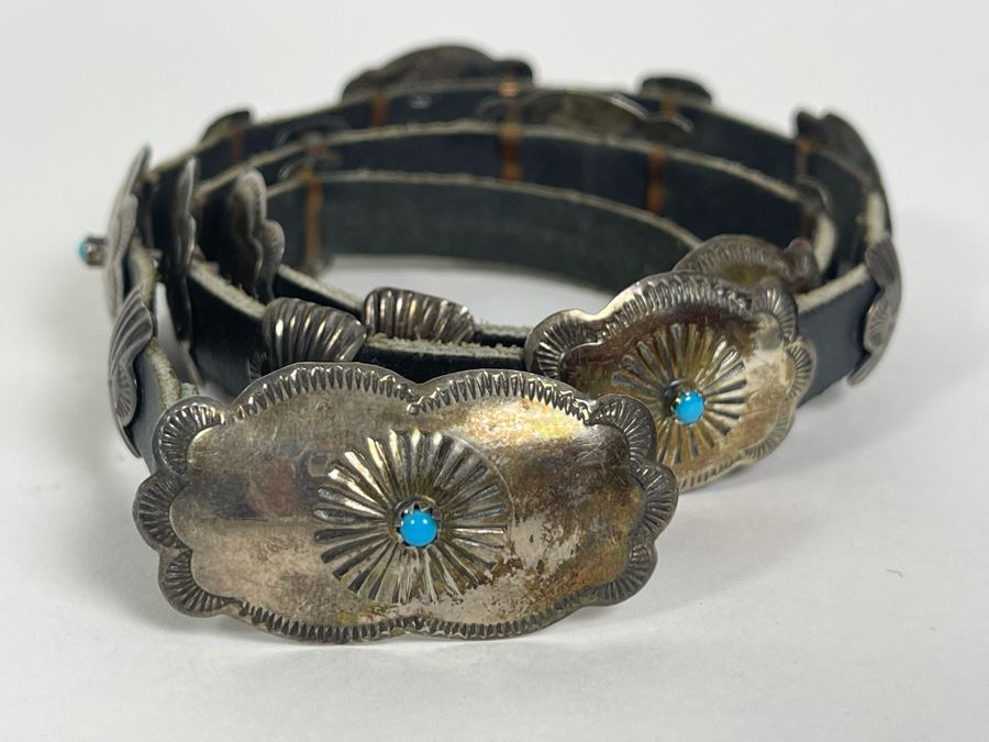 Signed Native American Sterling Silver Turquoise And Leather Concho Hat Band Signed LY 45.5g [Photo 12]