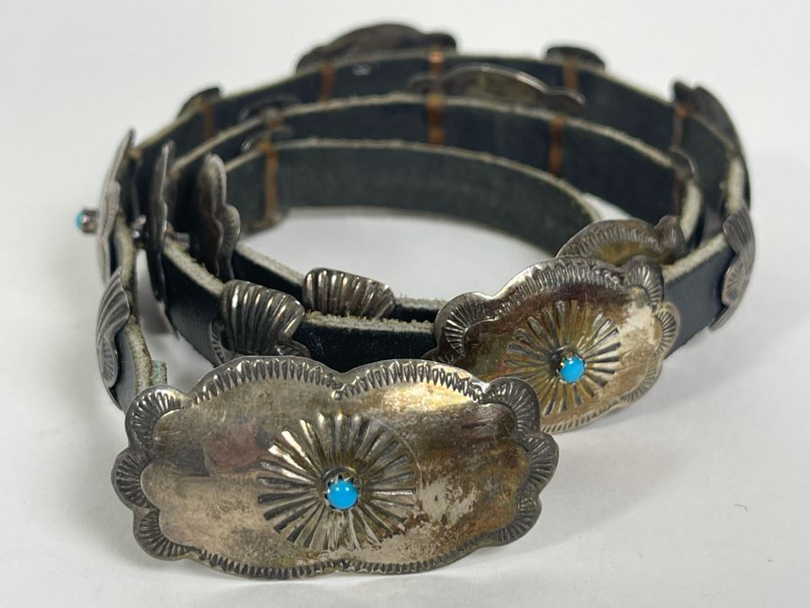 Signed Native American Sterling Silver Turquoise And Leather Concho Hat Band Signed LY 45.5g [Photo 11]