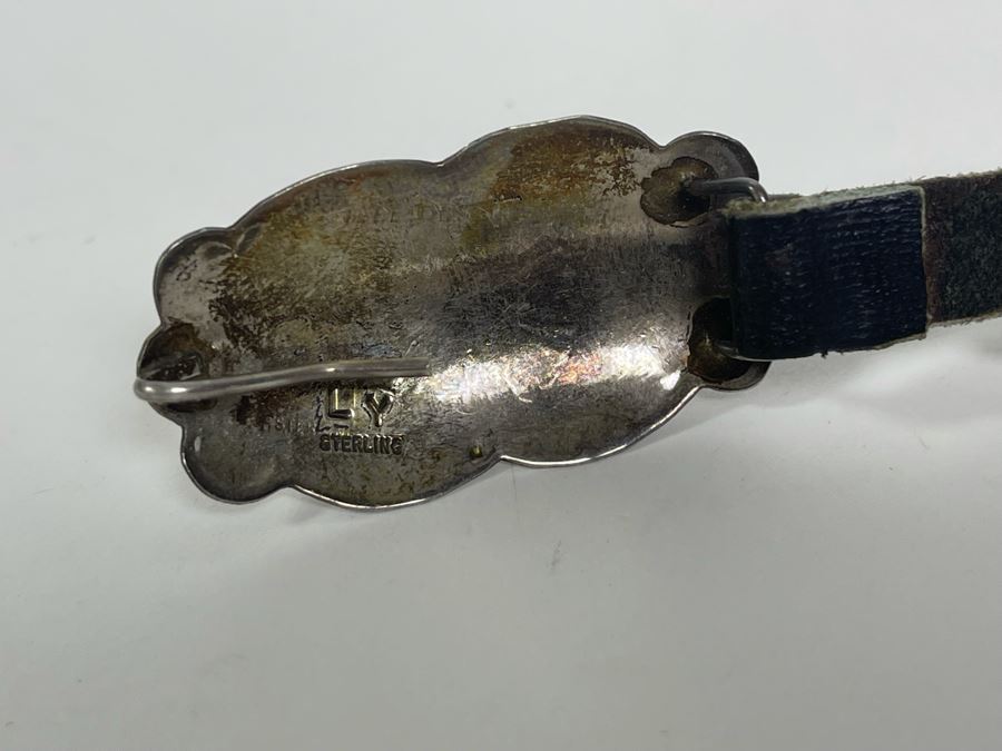 Signed Native American Sterling Silver Turquoise And Leather Concho Hat Band Signed LY 45.5g [Photo 10]