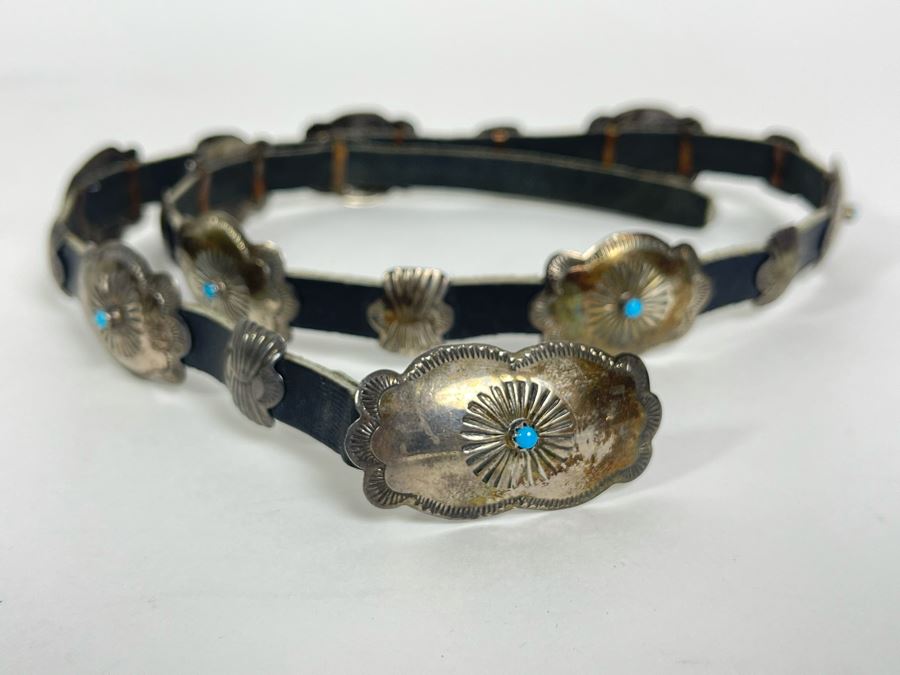 Signed Native American Sterling Silver Turquoise And Leather Concho Hat Band Signed LY 45.5g [Photo 3]