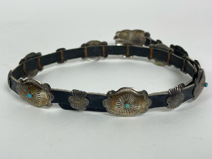 Signed Native American Sterling Silver Turquoise And Leather Concho Hat Band Signed LY 45.5g [Photo 6]